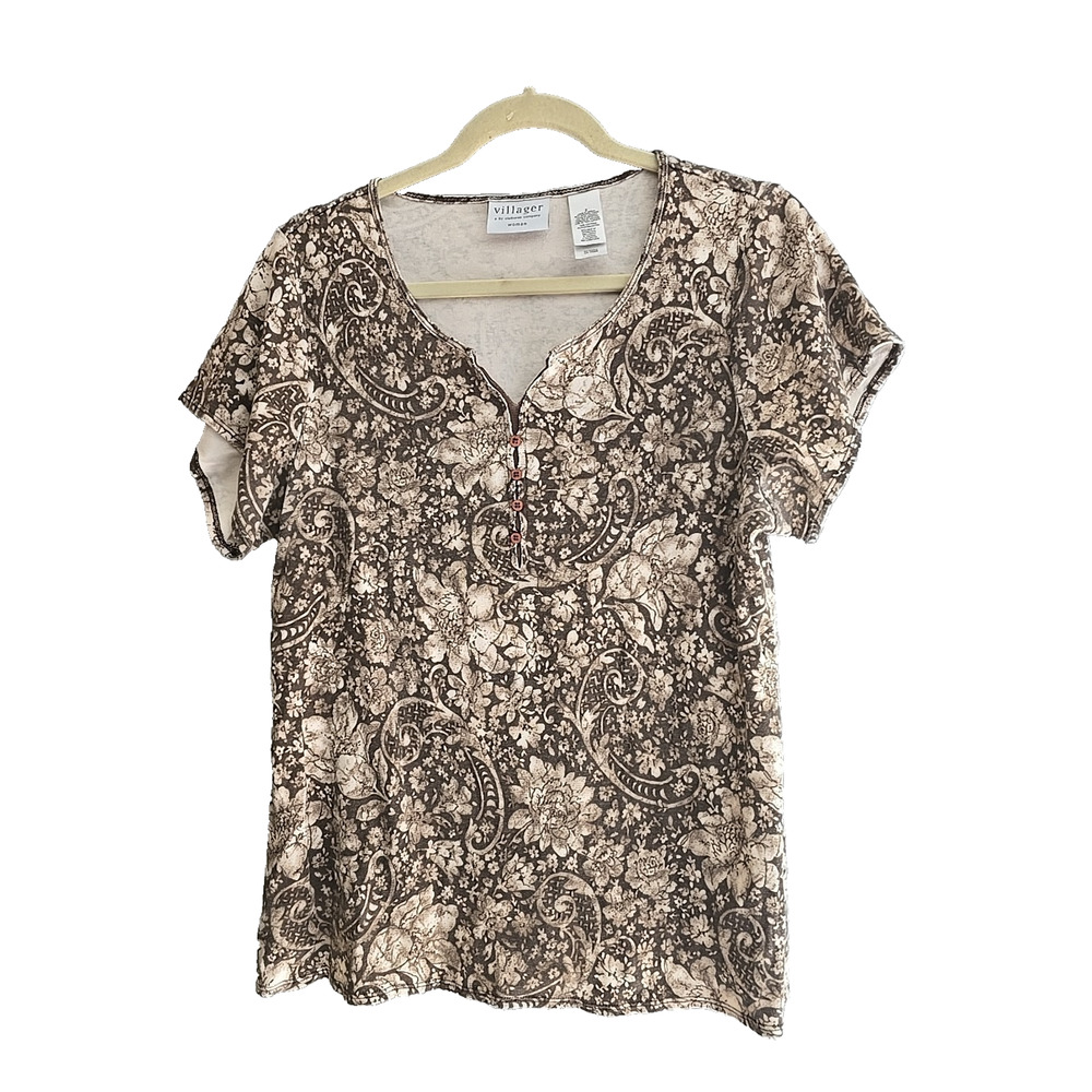 Villager Y2K Tan Paisley Henley Grunge Preppy Short Sleeve Top Womans Size 2X